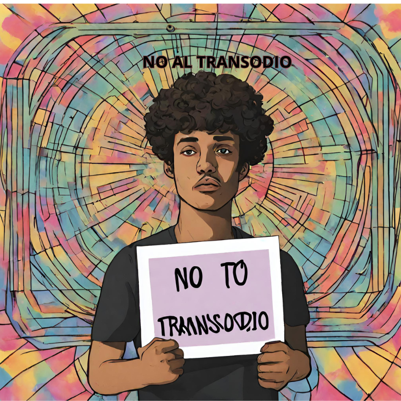 Hombre trans con cartel de No al transodio